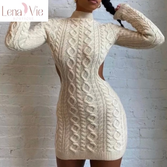 Lena Vie Dreamy Cable Knit Cream Open Back Sweater Dress, Miranda Knit Mini - Picture 7 of 16